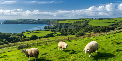 Obraz premium Sheep in natural background of pastures and fields
