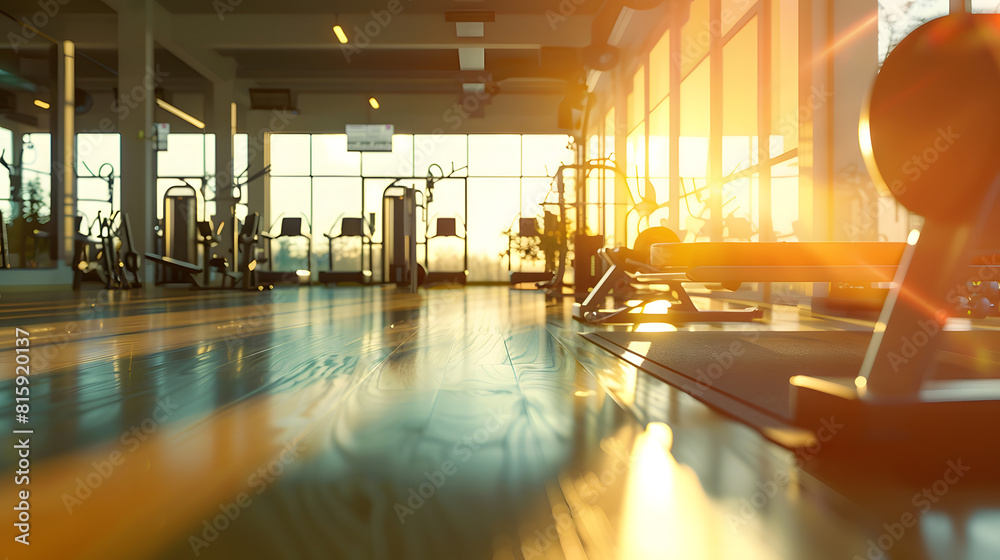 Poster sunshine fitness and empty gym for exercise workout and training sunlight room and a club for sports