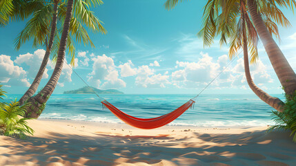 Ultimate Relaxation: Photo Realistic Hammock Between Two Palm Trees on Sunny Beach, Capturing Tranquility and Summer Vibes   Adobe Stock Photo Concept