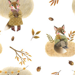 Seamless autumn pattern in PNG format with cute foxes and autumn leaves in vintage childish style. Suitable for printing on fabric and paper