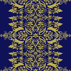 damask floral paisley embroidery on blue background.Ikat ethnic oriental seamless pattern traditional.Aztec style abstract vector illustration.design for texture,fabric,clothing,wrapping,decoration.