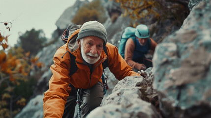Determined Senior Man Rock Climbing in Autumn Wearing an Orange Jacket. - Powered by Adobe