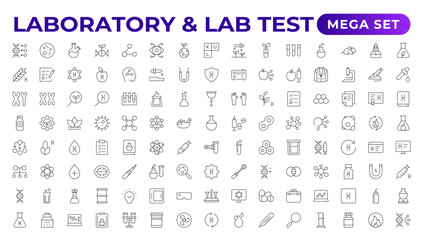 Science and research line icons collection. Thin outline pack. Drug testing, scientific discovery disease prevention signs. Medical healthcare, doctor icons. Chemical formula,  chemistry testing lab.