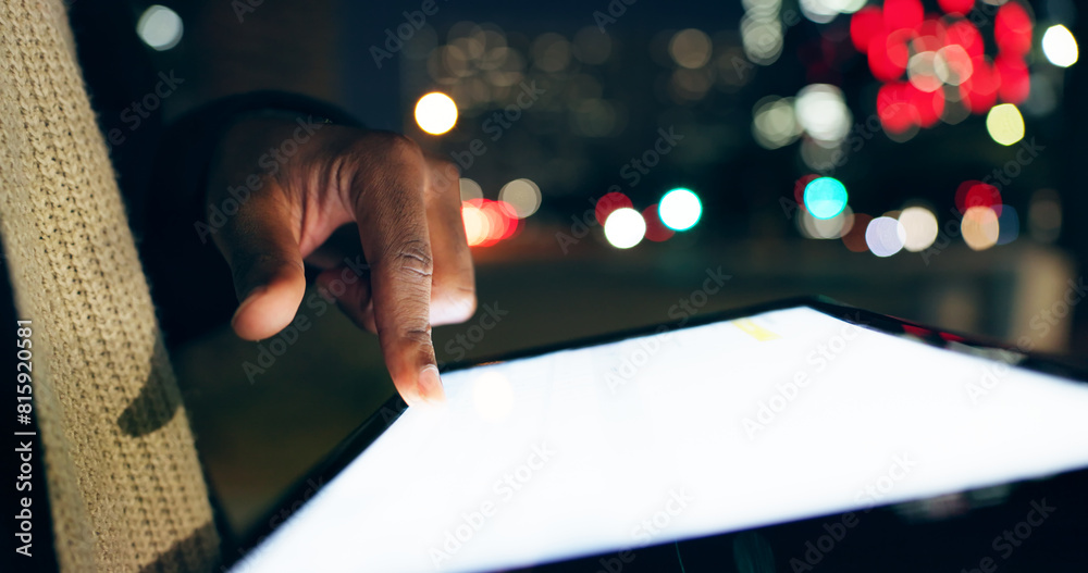 Poster person, night and finger on tablet in city for communication, social media or browsing on website. e