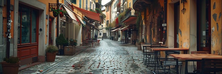 Little Italian city during an epidemic, Deserted streets, Closed cafe, No people, No cars, No one,...