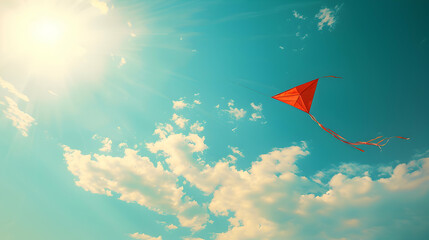 Photo realistic image of Kite flying in bright blue summer sky with copyspace, embodying joy  freedom of outdoor summer activities