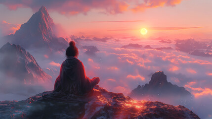 Obraz premium An artistic representation of a yogi performing the Warrior Pose (Virabhadrasana) on a misty mountaintop at dawn, with the majestic peaks of the surrounding landscape serving as a