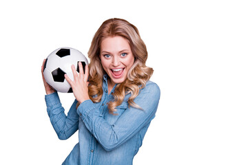 Close-up portrait of nice cute lovely adorable fascinating charming attractive cheerful cheery wavy-haired lady wearing blue shirt holding in hands black and white ball isolated over gray background