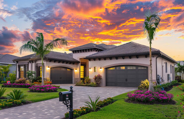 beautiful home in Parkland, Florida with three garage doors and lush landscaping at sunset. The house has grey stucco walls and beige exterior paint