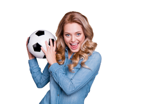 Close-up portrait of nice cute lovely adorable fascinating charming attractive cheerful cheery wavy-haired lady wearing blue shirt holding in hands black and white ball isolated over gray background