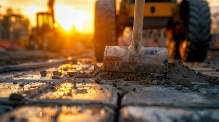 Close-up on the dynamic construction site activity at sunset, showing a rubber mallet hitting tiles, with partially completed pavement and heavy equipment