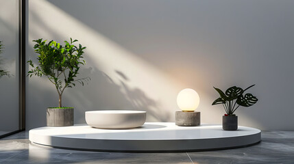 A white table with two potted plants on it.