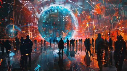 Vivid artwork of a network globe with human figures