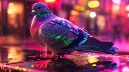Vibrant X Ray Pigeon Perched on Rooftop Under Neon City Lights