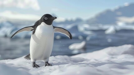 Naklejka premium adelie penguin stretching wings in antarctica 8k aigenerated illustration