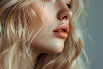 Naklejka premium Detailed image capturing a woman's lips, nose, and cheek with soft, glowing skin