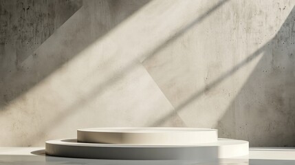 Minimal concrete round grey stage podium with abstract grey background in sunlight for display product. Mockup showcase