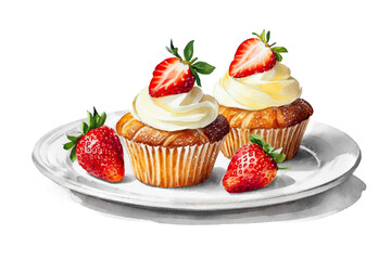 苺とクリームのカップケーキのイラスト　白背景の切り抜き