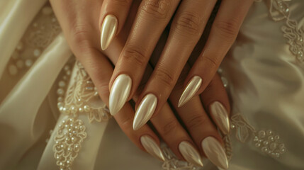 A woman with long white nails and pearls.