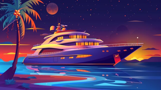 Cruise on a luxury ship at tropical land on a night cruise comic book flyer, invitation to book a ticket on a modern ship traveling in the ocean, voyage on a luxury sailing ship modern poster.