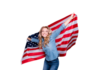 Portrait of her she nice cute charming lovely attractive cheerful optimistic wavy-haired lady holding in hands flag green card win winner isolated over gray purple violet pastel background