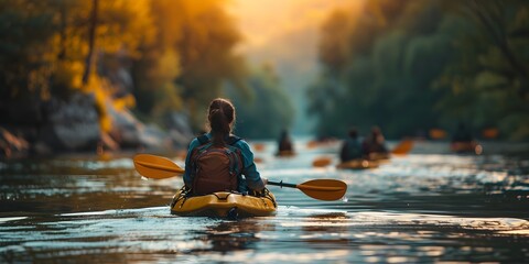 Kayaker Navigating Serene River Amid Lush Autumn Foliage for Outdoor Adventure and Community Bonding