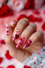 Valentine's day nail art. A person holding up a nail with sprinkles on it.