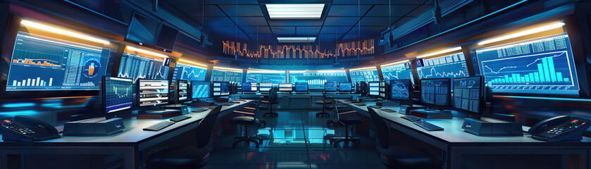 Financial Trading Floor: Displaying trading desks, computer monitors displaying financial data, stock tickers, and traders executing transactions