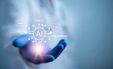 A medical worker use virtual graphic Global Internet connect Chat bot with AI, Artificial Intelligence.Concept of healthcare and medical AI technology services.Futuristic technology transformation.