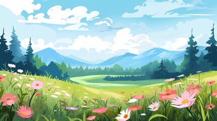 Fototapeta premium wildflowers in a meadow flat design front view natural landscape theme cartoon drawing colored pastel