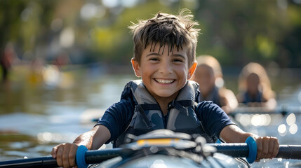 A boy with cerebral palsy joyfully rowing with adaptive equipment showcasing resilience, inclusion,...