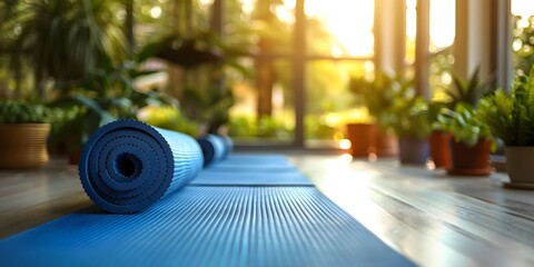 Yoga Mat Set Up for Gentle Fitness Program for the Elderly or Limited Mobility in a Serene Outdoor Environment with Lush Greenery and Warm Natural