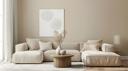 Fototapeta premium Warm and cozy living room with mock up poster frame modern beige sofa wooden oval coffee table vase with dried flowers round pillow vintage carpet and personal accessories Home decor T : Generative AI