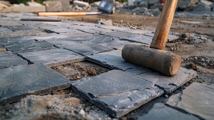 Action shot of a pavement being tiled, featuring a rubber mallet and various tiles on an unfinished section, highlighting the installation process