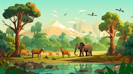 wildlife sanctuary flat design front view animal habitat theme cartoon drawing Splitcomplementary color scheme
