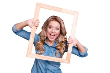 Portrait of her she nice cute charming winsome attractive worried nervous confused wavy-haired lady holding in hands frame comfort cozy life line isolated over gray pastel background