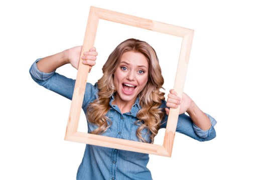 Portrait of her she nice cute charming winsome attractive worried nervous confused wavy-haired lady holding in hands frame comfort cozy life line isolated over gray pastel background