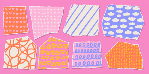 Set of jagged paper shapes with funny childish patterns. Torn sheets items for collage, design templates, banner, and sticker. Vector hand draw illustration.