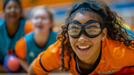 A teen with visual impairment joyfully playing goalball with friends: visual inclusion teamwork and the excitement of the game.