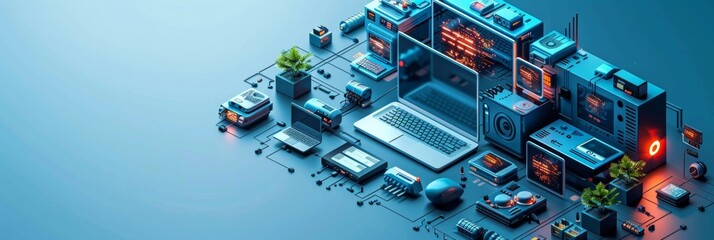 Creative tech repair banner featuring isometric computer icons