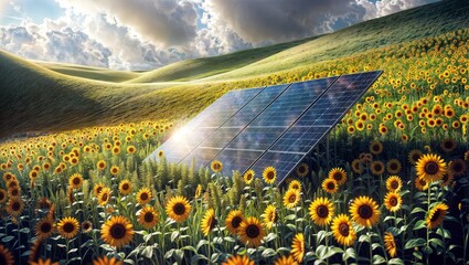 A close-up of a solar panel in a field of sunflowers. The solar panel is tilted toward the bright blue sky.