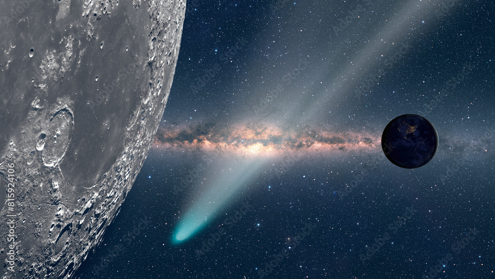 Aufkleber Comet on the space view from moon planet earth in the background 