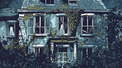 This image illustrates a haunted house with a dead girl spirit in the window of a boarded up window. This image shows a boarded up building with ivy vines running up the brick wall and a broken