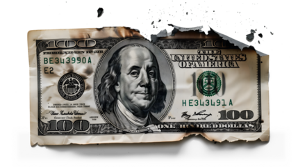 Money 100 dollar bill burned through on transparent background