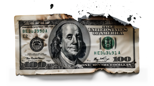 Money 100 dollar bill burned through on transparent background