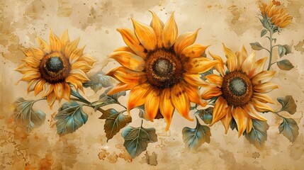 Sunflowers, oil painting, beige background, watercolor, vintage style