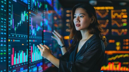 Businesswoman confidently presenting a financial report with stock market graphs, showcasing business acumen.