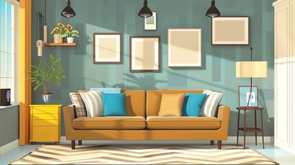 Modern living room flat design front view stylish theme animation vivid