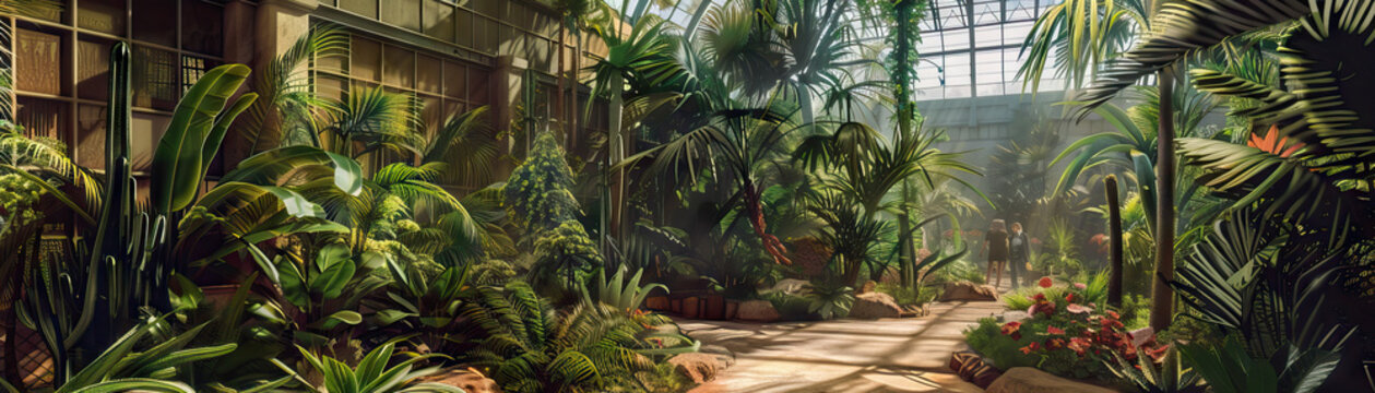 Botanical Garden Conservatory Floor: Showing tropical plants, orchids, cacti, and visitors exploring the botanical exhibits