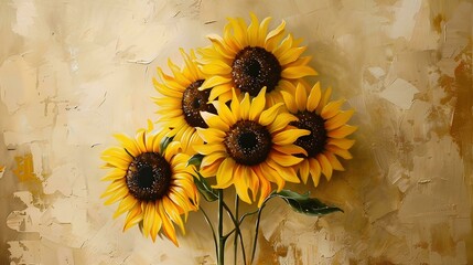Sunflowers, oil painting, beige background, watercolor, vintage style